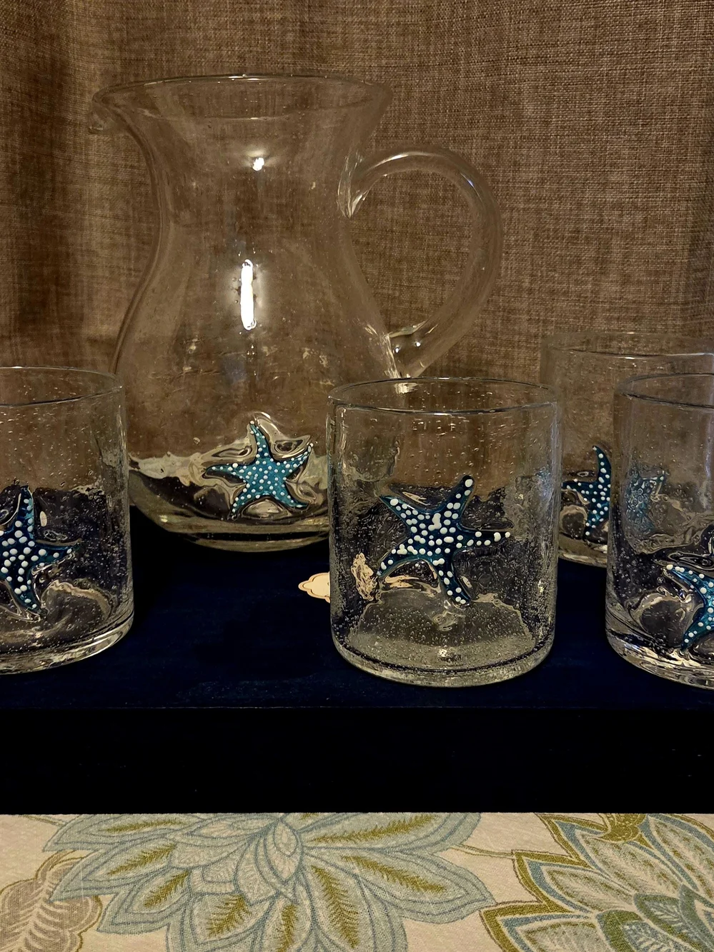 HANDBLOWN GLASS AQUA STARFISH PITCHER & TUMBLERS